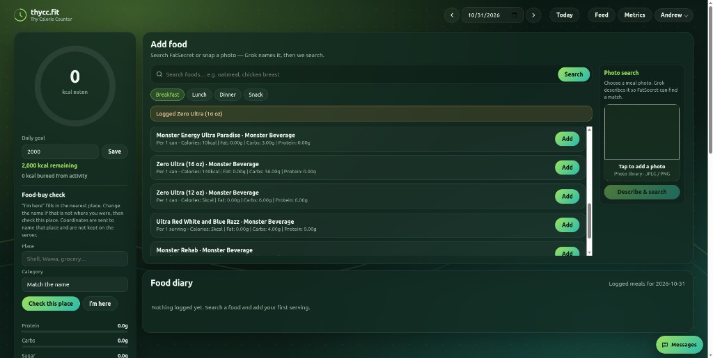 thycc.fit calorie counter, with food search, a diary, and the day's macros